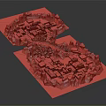 Cartoon Scene 3D Model Town Layout With Rocky Borders Roads And Buildings