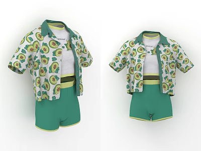 Avocado Print Short Sleeve Shirt And Green Shorts Clothing Set 3d model