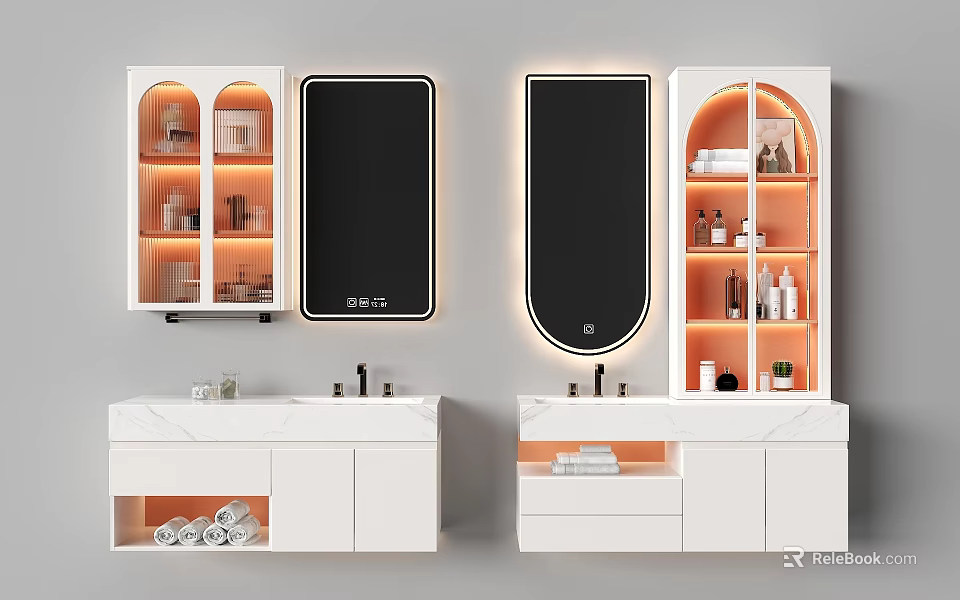 Modern Bathroom Washbasin With White Cabinets Mirror Storage Shelves And Toiletries 3d model 