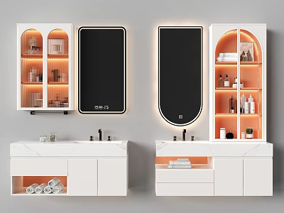 Modern Bathroom Washbasin With White Cabinets Mirror Storage Shelves And Toiletries 3d model