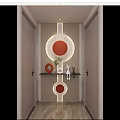 Stylish Entryway Interior With Circular Red Decor Ambient Lighting Green Plant And Rabbit Figurine