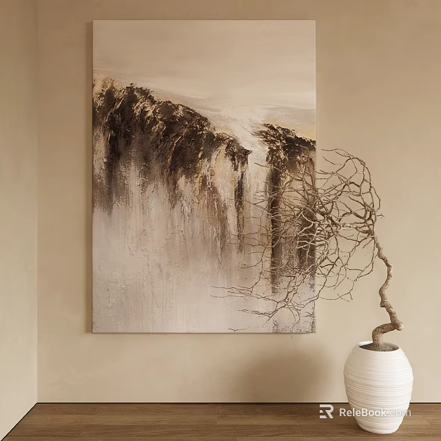 Abstract Painting with Beige Brown Fluid Brushstrokes on Beige Wall and Twig Decor White Vase 3d model 