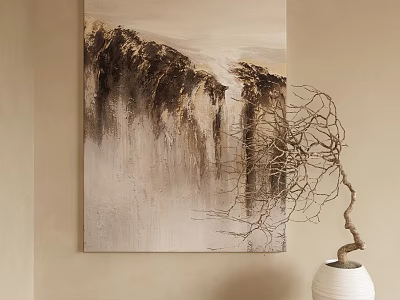 Abstract Painting with Beige Brown Fluid Brushstrokes on Beige Wall and Twig Decor White Vase 3d model