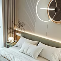 Modern Double Bed with White Pillows and Gray Blanket in Bedroom with City View Window and Round Decor Lamp