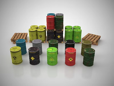 Industrial Equipment Including Various Colored Storage Drums With Hazard Symbols And Wooden Pallets 3d model