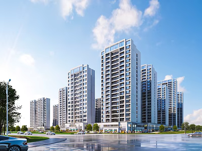 Urban Modern Commercial Street With High Rise Buildings Green Trees Cars And Wide Road 3d model