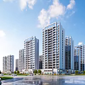 Urban Modern Commercial Street With High Rise Buildings Green Trees Cars And Wide Road