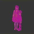 Two children snuggling girl in pink dress and boy in green top against grey background