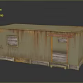 Cartoon Style Small Rusty Metal Shed With Open Doorway Wooden Base And Yellow Marks
