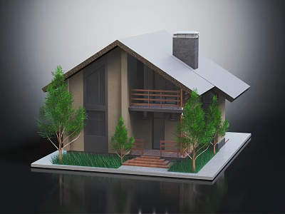 Modern Gabled House With Chimney Wooden Balcony Steps Trees and Grass 3d model