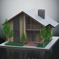 Modern Gabled House With Chimney Wooden Balcony Steps Trees and Grass