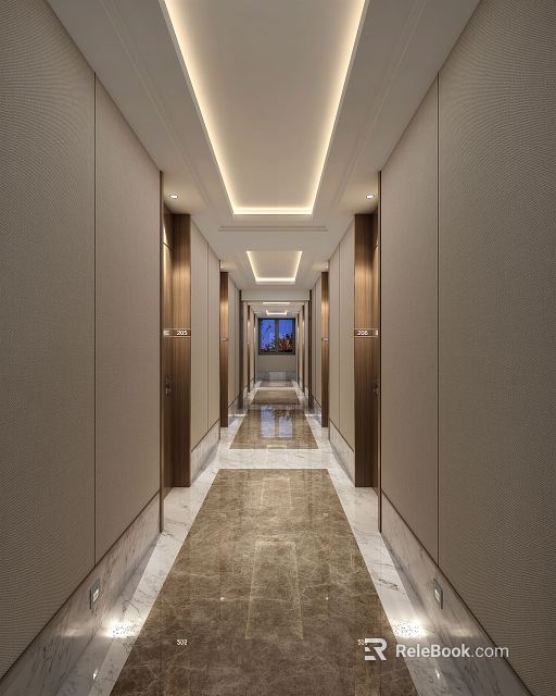 Modern Hotel Corridor With Ceiling Light Strips Wooden Doors And Polished Flooring 3d model 
