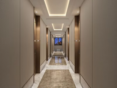 Modern Hotel Corridor With Ceiling Light Strips Wooden Doors And Polished Flooring 3d model