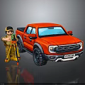 Red Pickup Truck With Cartoon Character Standing Beside Tripod And Tools