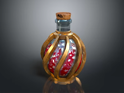 Ornate Glass Bottle With Golden Metal Frame Red Decorative Patterns And Cork Stopper 3d model