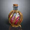 Ornate Glass Bottle With Golden Metal Frame Red Decorative Patterns And Cork Stopper