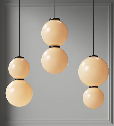 Three Modern Pendant Lights With Two Cream Colored Spherical Shades And Black Accents 3d model