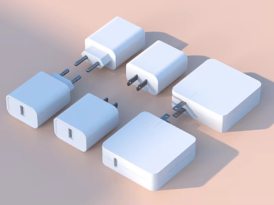 Multiple White Power Adapters With Different Plug Types For Daily Life Household Use 3d model