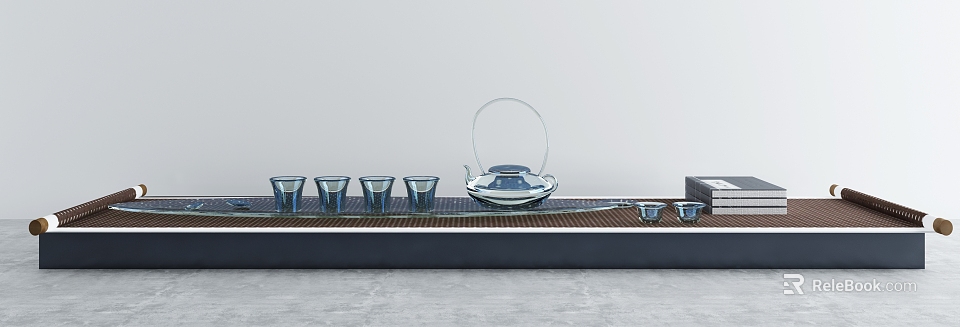 Modern Glass Tea Set With Transparent Teapot And Four Teacups On Tray 3d model 
