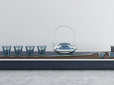 Modern Glass Tea Set With Transparent Teapot And Four Teacups On Tray 3d model