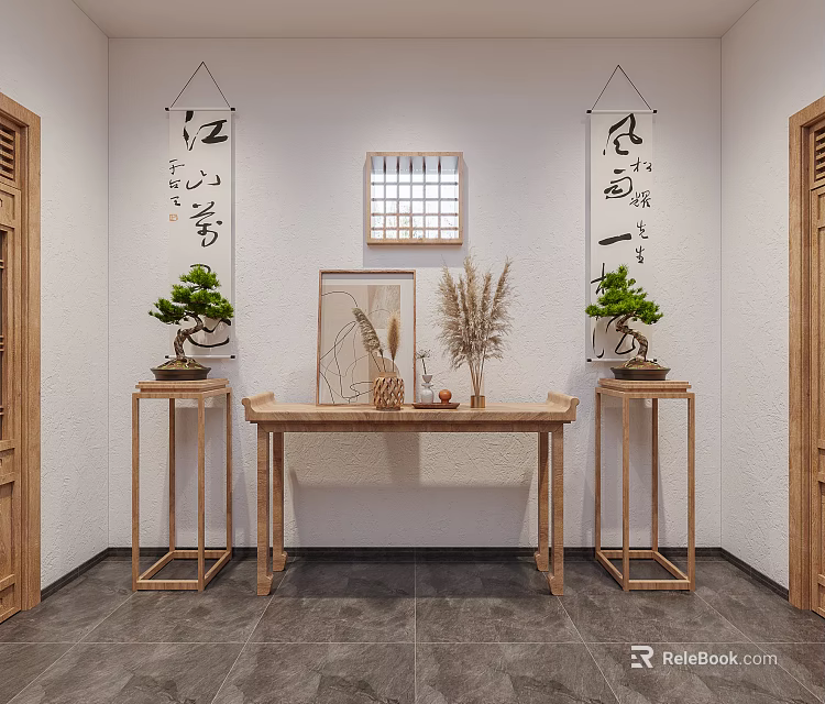 Chinese Interior Console Table Display With Calligraphy Scrolls Bonsai And Window Panel 3d model 