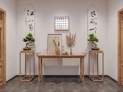Chinese Interior Console Table Display With Calligraphy Scrolls Bonsai And Window Panel 3d model