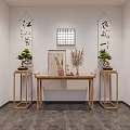 Chinese Interior Console Table Display With Calligraphy Scrolls Bonsai And Window Panel 3d model