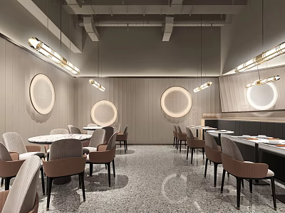 Modern Restaurant Interior With Circular Wall Decor Pendant Lights And Terrazzo Flooring 3d model