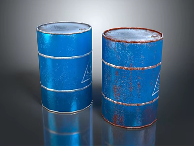 Two Blue Barrels One New And Rusty With White Triangular Signs On Reflective Background 3d model