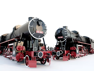 Vintage Black and Red Steam Train Locomotives Parked Side by Side in Museum 3d model
