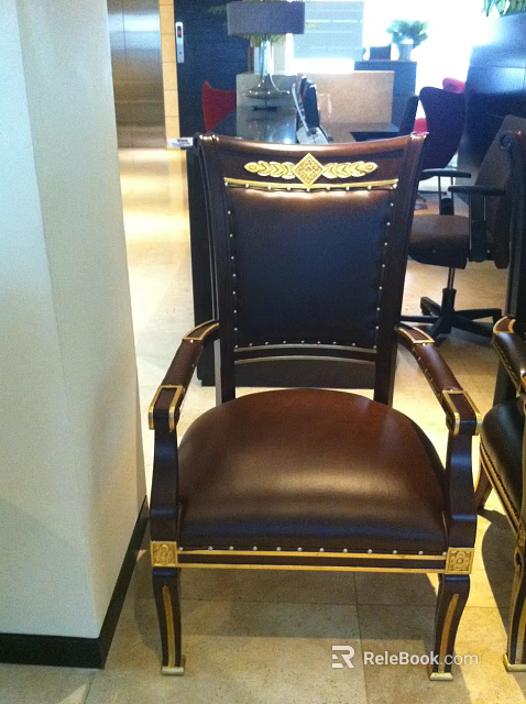 Luxurious Classic Dining Chair With Leather Upholstery Gold Accents And Ornate Backrest 3d model 