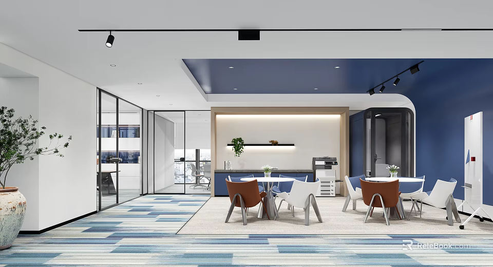 Modern Tea Room With Open Layout Blue Ceiling White Walls Glass Partitions And Green Plants 3d model 