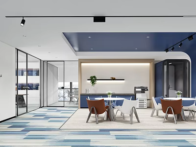 Modern Tea Room With Open Layout Blue Ceiling White Walls Glass Partitions And Green Plants 3d model