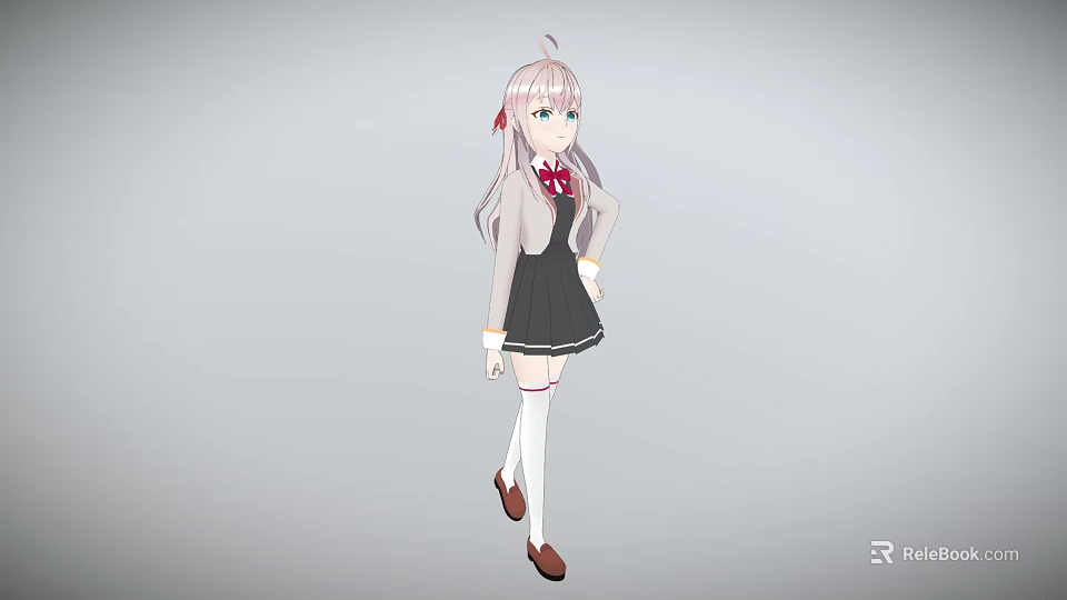 Young Woman With Pink Hair Wearing School Uniform Black Skirt White Socks And Red Bow 3d model 