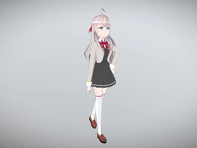 Young Woman With Pink Hair Wearing School Uniform Black Skirt White Socks And Red Bow 3d model