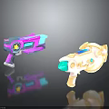 Two Colorful Futuristic Weapons Featuring Vibrant Pink Blue And Gold Accents