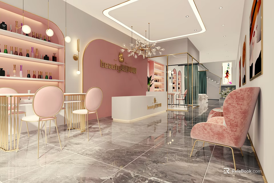 Elegant Modern Beauty Salon Interior Design With Pink Furniture Marble Floor And Chandelier 3d model 