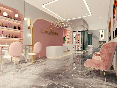 Elegant Modern Beauty Salon Interior Design With Pink Furniture Marble Floor And Chandelier 3d model