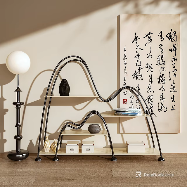 Decorative Doll Display on Curved Black Shelf with Calligraphy Art and Table Lamp 3d model 