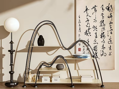 Decorative Doll Display on Curved Black Shelf with Calligraphy Art and Table Lamp 3d model