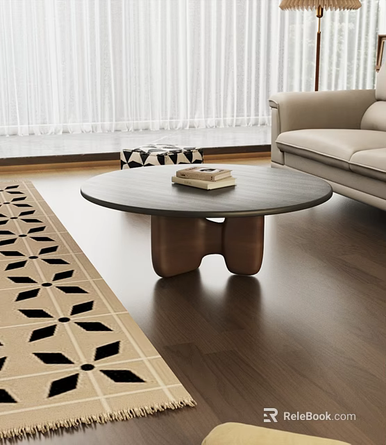 Modern Living Room Interior With Round Wooden Coffee Table And Patterned Rug 3d model 