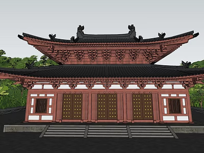 Ancient Chinese Architecture With Traditional Overhanging Roof Red Pillars And Wooden Doors 3d model