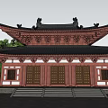 Ancient Chinese Architecture With Traditional Overhanging Roof Red Pillars And Wooden Doors