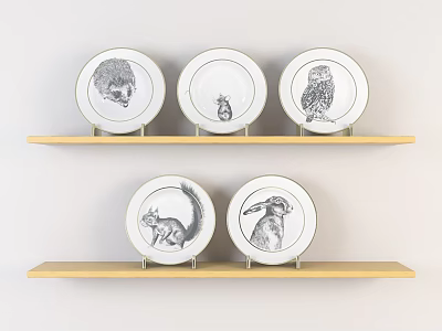 Wooden Shelves Displaying White Plates With Hedgehog Owl Squirrel Rabbit Bird Illustrations 3d model