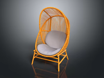 Modern Orange Rattan Leisure Chair With Curved Back And Gray Soft Cushion 3d model