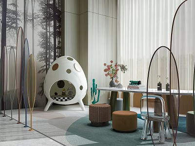 Modern Kids Table with Egg Shaped Playhouse Cactus Decor Small Stools and Colorful Curved Decorations 3d model
