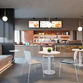 Modern Sweet Shop Interior With Cozy Tables Chairs Dessert Display Lighting And Green Plants
