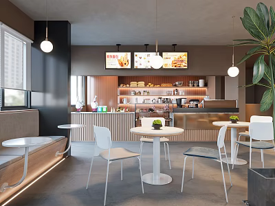 Modern Sweet Shop Interior With Cozy Tables Chairs Dessert Display Lighting And Green Plants 3d model