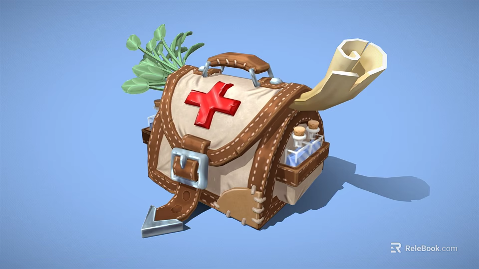 Brown Leather Medical Kit With Red Cross Symbol Scroll Small Bottles And Green Herbs 3d model 