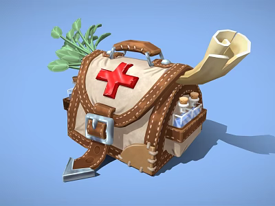 Brown Leather Medical Kit With Red Cross Symbol Scroll Small Bottles And Green Herbs 3d model